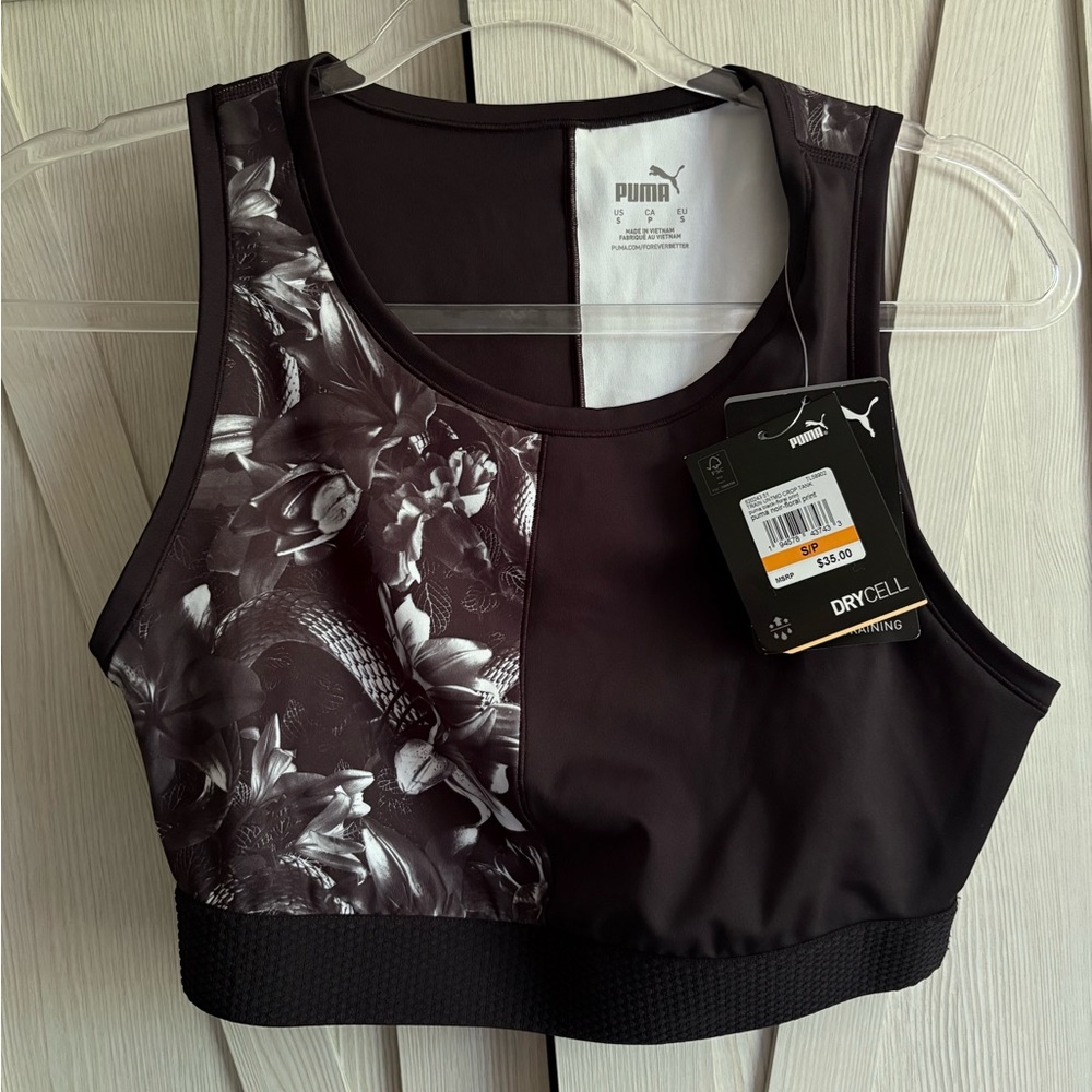 PUMA Women's Black Floral-Panel Sports Bra/Top- DryCELL
